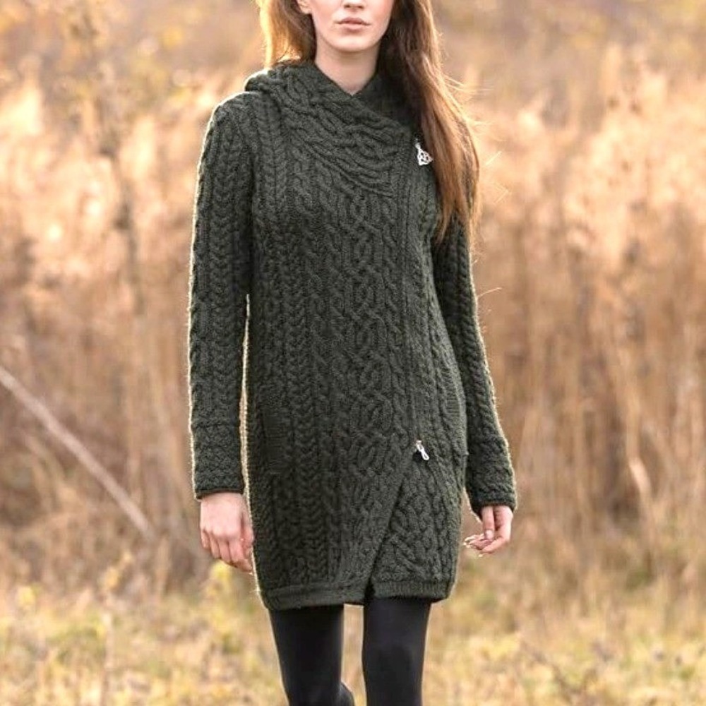 NWOT Aran Crafts Irish Merino Wool Side Zip Cardigan Sweater Coat Green Small